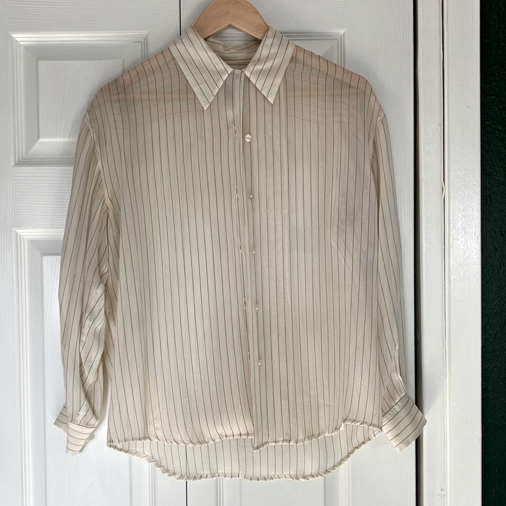 100% silk vintage sheer button down in cream with vertical stripes